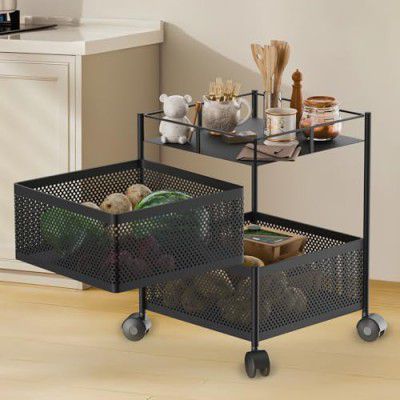 Kitchenstory Storage Rack | 360° Revolving Metal Fruit Storage Rack (Black, 2 Layer)