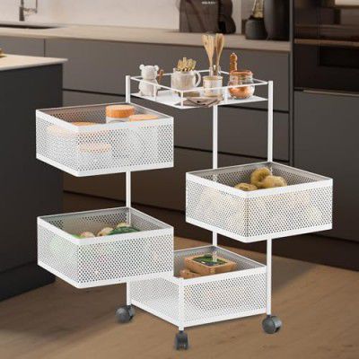 Kitchenstory Storage Rack | 360° Revolving Vegetable Kitchen Rack | Square Multipurpose Storage Trolley with Wheels | Metal Fruit Storage Rack | Kitchen Cabinet Spice Rack (White, 4 Layer)