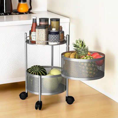Kitchenstory Storage Rack | 360° Revolving Vegetable Kitchen Rack (Silver, 2 Layer)