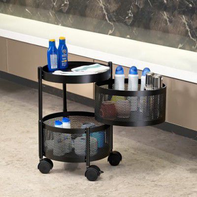Kitchenwell Round Multi-Purpose Rotatable Trolley Storage Organizer Kitchen Storage Rack Design Fruits & Vegetable Onion Cutlery Dish Rack (Matt Black, Round - 2 Layer)