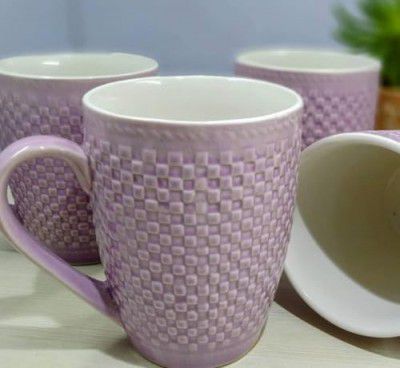 KITTENS Ceramic Coffee Mug Set of 4, 300ml, Purple Blocke Pattern