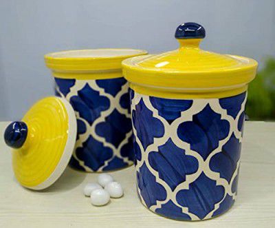 KITTENS Ceramic Jars Kitchen Storage With Lid Decorative Jars, Set of 2, Microwave & Dishwasher Safe, Food Grade Material, 300 ml, Yellow and Blue