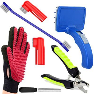 KittuPet Dog Grooming Kit - Dog Nail Clippers with Filer + Dog Toothbrush Kit + Dog Plastic Slicker Brush I with Press Key for Puppies and Dogs + Pet Grooming Glove 