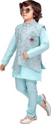 KL Collection  Boys Festive & Party Kurta, Waistcoat and Pyjama Set  (Light Blue Pack of 1)