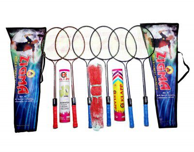 Klapp Double Shaft Badminton Rackets, with 20 Shuttlecock (with Net) -Multicolor - Set of 6