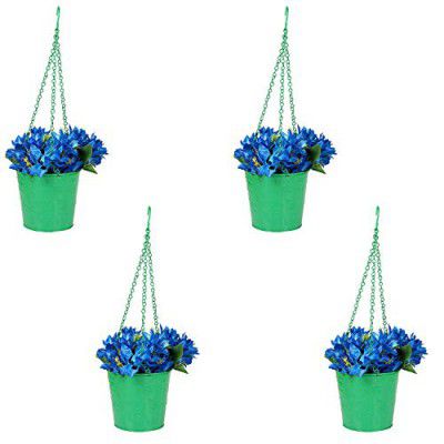 Klassic Hanging Bucket Style Metal Planter Pot with Chain (Green, Set of 4)