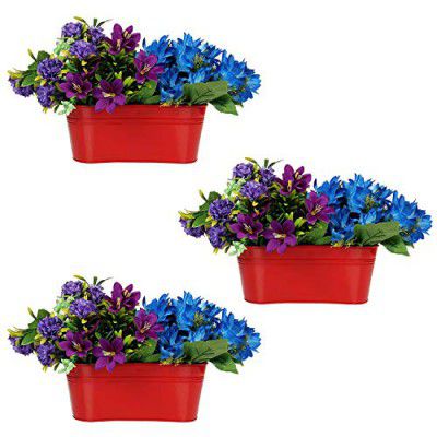 Klassic Oval Shape 10Inch Railing Metal Planter Pot | Planter Pot with Hanger | Gamla | Hanging Planter Basket for Home and Balcony (Red, Pack of 3)