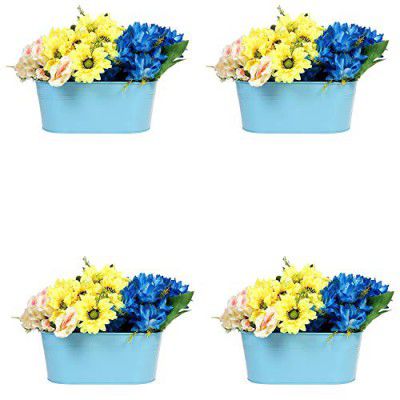 Klassic Oval Shape 12Inch Railing Metal Planter Pot | Planter Pot with Hanger | Gamla | Hanging Planter Basket for Home and Balcony (Blue, Pack of 4)