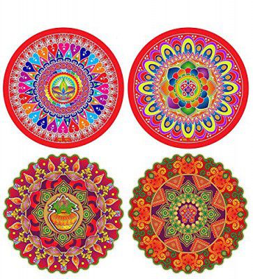 Klassic Rangoli Pattern Floor Entrance Waterproof Assorted Stickers for Home, Office during Special occasions, Diwali and festivals (Multicolor, Set of 4)