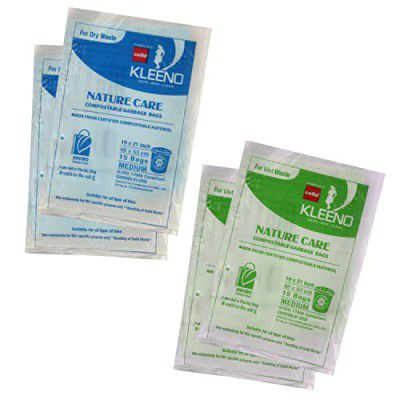 Kleeno by Cello Nature Care Compostable Dry and Wet Garbage Bag Pouch Medium(25L), Set of 4(15 bags each), Blue and Green