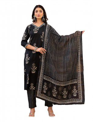 KLOSIA Women Black Printed Kurta and pant set with Dupatta | Ethnic Set | Kurta Set | Suits | Embroidery |