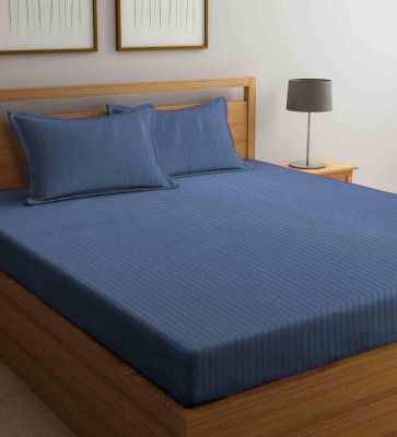 Klotthe Blue Striped 210 TC Poly Cotton Queen Sized Bed Sheets with 2 Pillow Covers