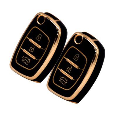 KMH TPU Gold Car Smart Key Cover Compatible for Hyundai i20, Xcent, Verna Flude with 3 Push Button Smart Key Flip Shell Case Holder, Key Protector (Black with Gold) Pack of 1