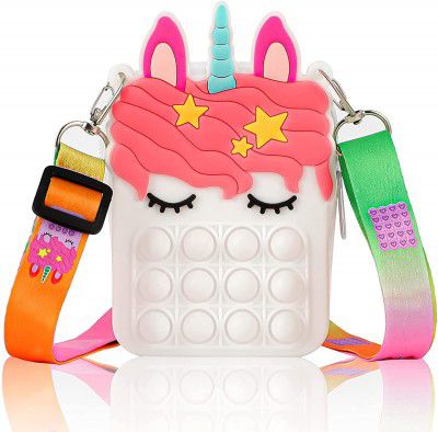 KOBBET Silicone 1pcs Unicorn Sling Bag Pop It Fidget Small Travel Pouch Stress Relief Zipper Closer Sling Bag for Girls Storage Bag Adjustable Strap Crossbody Shoulder Bag Pop Sling Pouch (White)
