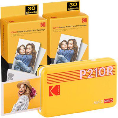 Kodak Mini 2 Retro 2.1x3.4 Portable Photo Printer - Yellow (60 Sheets), Wireless Connection, Compatible with iOS, Android & Bluetooth, Real Photo, 4PASS & Lamination Process