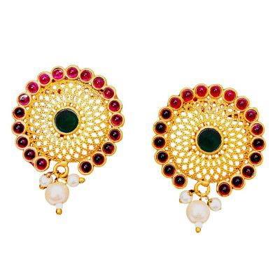 Kollam Supreme Big Brass Floral Round Antique Matte Kemp Ear Studs For Women