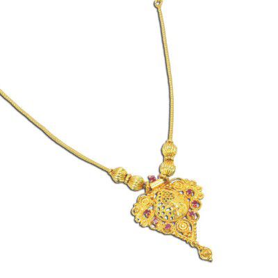 Kollam Supreme Temple Jewelry Golden Brass Snake Chain With Ruby AD Floral Pendant For Women