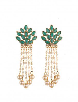 Kord Store Latest Color Earings Featuring Five String Chain Of Moti Gold Plated Stud Tops Dangle Long Earring For Women And Girl