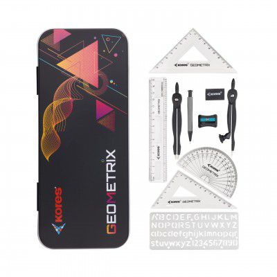 Kores Mat-Geo Mathematical Drawing Instrument Box | Complete Geometry Set for School & College Students | Compass, Protractor, Set Squares, Scale & Accessories