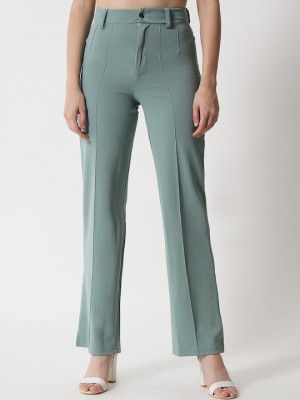 Kotty Women Green Relaxed Straight Fit High-Rise Easy Wash Trousers