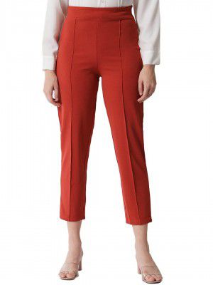 KOTTY Women Solid Polyester Blend Red Orange Trousers