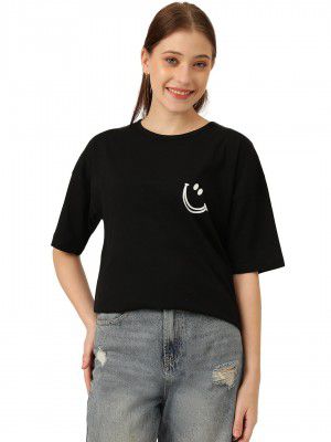 KOTTY Women's Cotton Blend Black Printed Oversized T-Shirts
