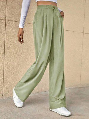 KOTTY Womens High Rise Cotton Blend Straight Fit Cross Pocket Solid Trousers