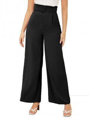 KOTTY Womens High Rise Viscose Rayon Flared Fit Solid Trousers