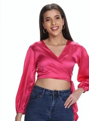 KOTTY Womens Hot Pink Satin Full Sleeve Solid Top (Pink,L)_KTTTOP252L