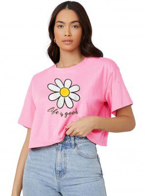 KOTTY Women's Printed, Typography Round Neck Cotton Blend T-Shirt