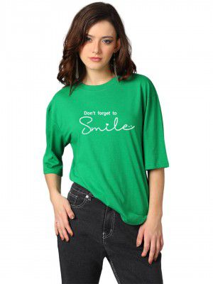 KOTTY Women's Printed, Typography Round Neck Cotton Blend 3/4 Sleeve T-Shirt