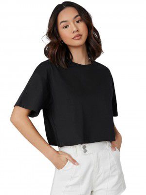 KOTTY Women's Solid Round Neck Cotton Blend Oversized T-Shirt