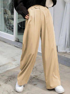 KOTTY Women's Straight Fit Mid Rise Cotton Blend Solid Trousers