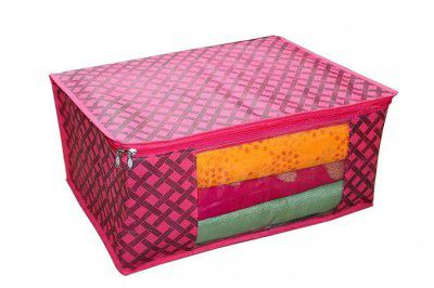 Kozdiko Non Woven Red Print Clothes Cover with Transparent View and 2 Zips for Saree, Clothes Covers, Bed Sheets Etc Wardrobe Organizer Storage Bag Pack of 4