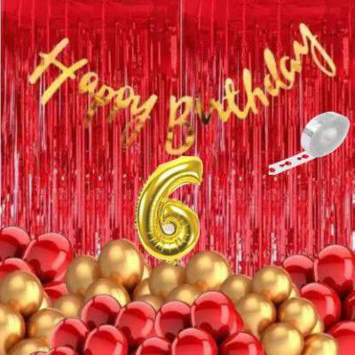 KR 6TH/ SIXTH BIRTHDAY DECORATION RED GOLD BALLOON RED CURTAIN GOLD BANNER 1 ARCH  (Set of 55)
