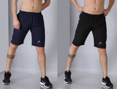 Kraasa  Pack of 2 Solid Men Black Sports Shorts
