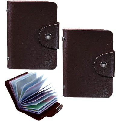 Kraptick Leather Credit Card Holder with Double-Sided Slots for Cards, Business Card Holder, ATM Card Holder for Women and Men- 24 Card Slots (Pack of 2- Brown)