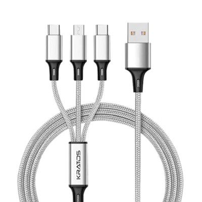 Kratos Unbreakable 1.2 Mtr 3 in 1 Charging Cable with Nylon Braided