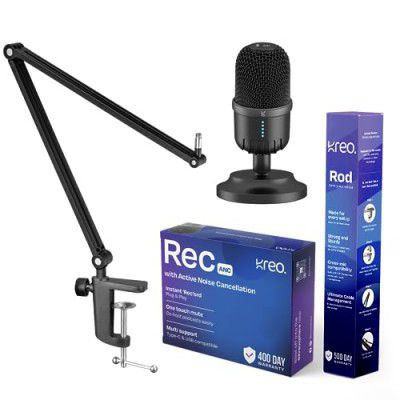 Kreo Rec Condenser Microphone With Boom Arm |Condenser Mic For Podcast | Type-C & USB Mic For Professional Audio & Youtubers Video Recording With Crystal Clear Sound | 360° Rotation | Plug n Play