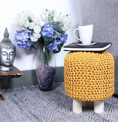 Kridhay Natura Life Round Shaped Decorative Knitted Ottoman Foot Stool (9X11 Inch,Mustard)