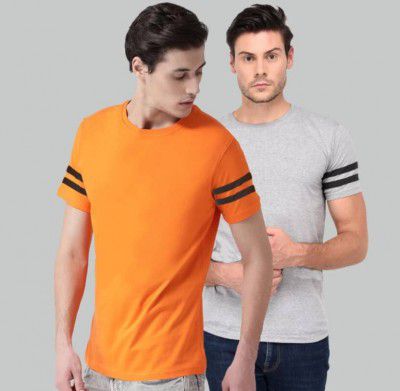 krishnafit  Pack of 2 Men Striped Round Neck Cotton Blend Grey, Orange T-Shirt