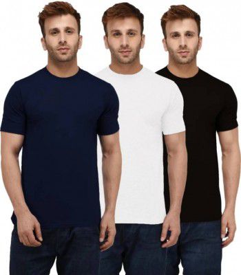krishnafit Pack of 3 Men Solid Round Neck Navy Blue, White, Black T-Shirt
