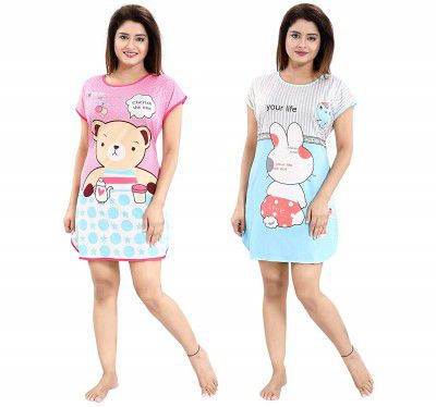 Krystle Girl's Cartoon Knee Length Nightwear Long Top (Pack of 02)