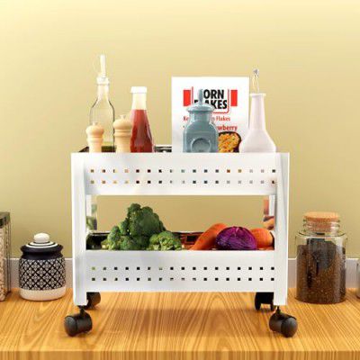 Kuber Industries 2 Tier Portable & Multi-Utility Stand for Kitchen Storage Rack | Easy-to-Move Kitchen Trolley with Wheels | Silver