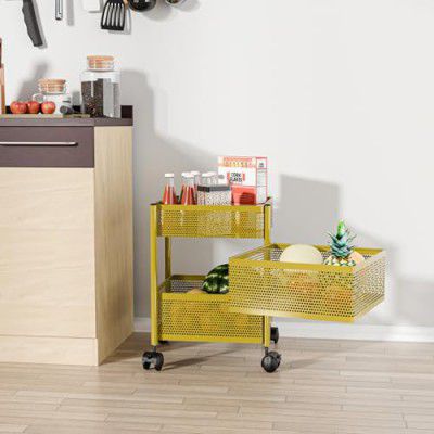 Kuber Industries 2+1 Layer Kitchen Storage Rack | Metal Kitchen Trolley with Wheels