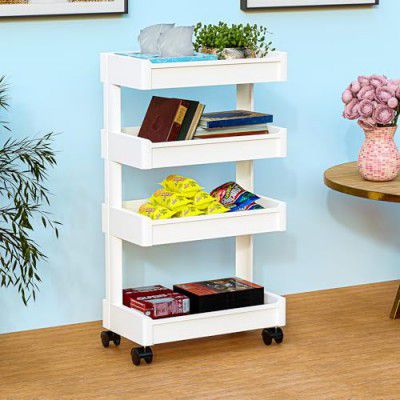 Kuber Industries 4-Layer Plastic Stackable Rack for Storage Multipurpose with Wheels | White