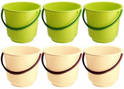 Kuber Industries 6 Pieces Unbreakable Strong Plastic Bathroom Bucket 13 LTR (Green & Cream) -CTLTC37948
