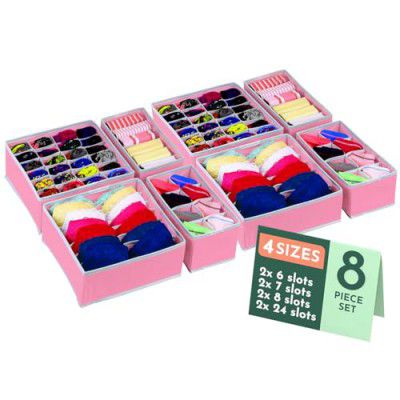 Kuber Industries 8 Pcs Set Foldable Multicompartment Socks Organizer for Wardrobe | Cloth Organizer for Storage | Tie, Socks & Underwear Organisers Storage Box for Closet | Pink