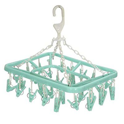 Kuber Industries Baby Clothes Hanger Rack|360 Degree Portable & Rotatable Clips|32 Clips Cloth Drying Hanger|Space Saving Travel & Durable Plastic (Green)