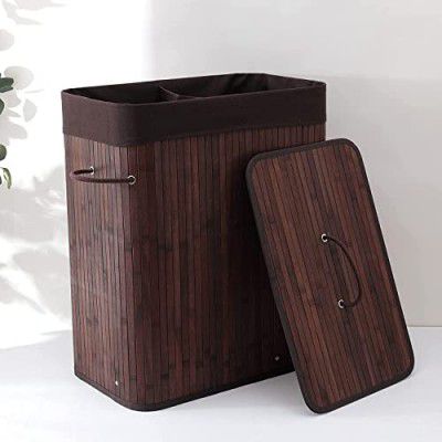 Kuber Industries Bamboo Basket With Lid|Foldable Laundry Basket For Clothes|Dark Brown